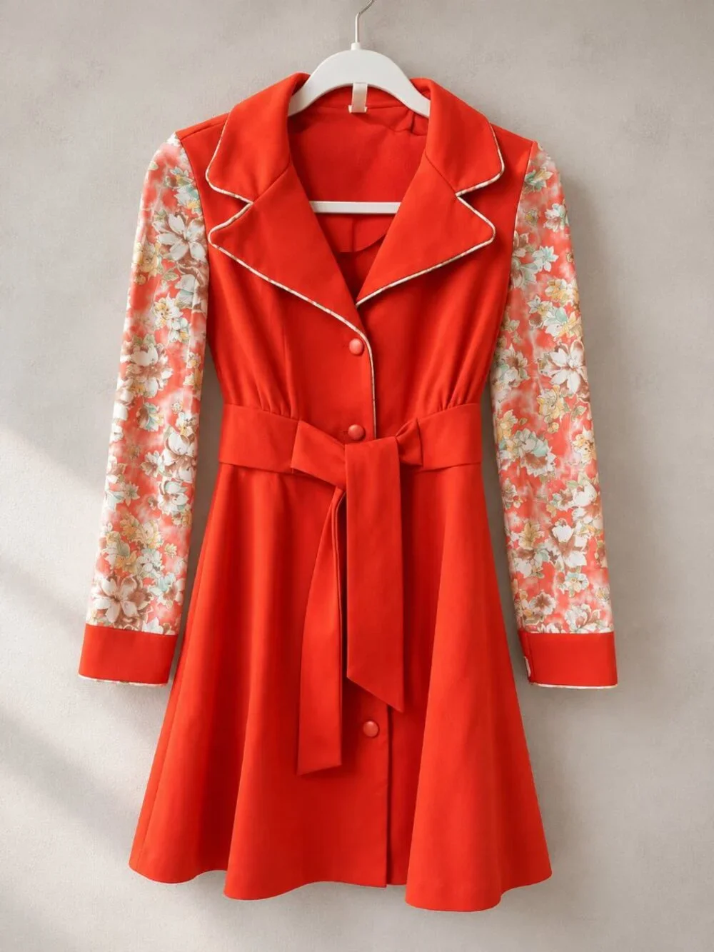 Vintage 70s Coral Orange Secretary Dress Sheer Floral Bishop Sleeves Small